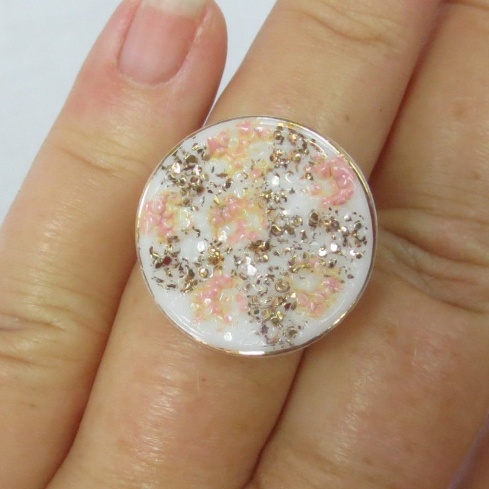 Handcrafted Ring Vintage Gold Glittery Glass Button Wire Wrap Everyday Size 6